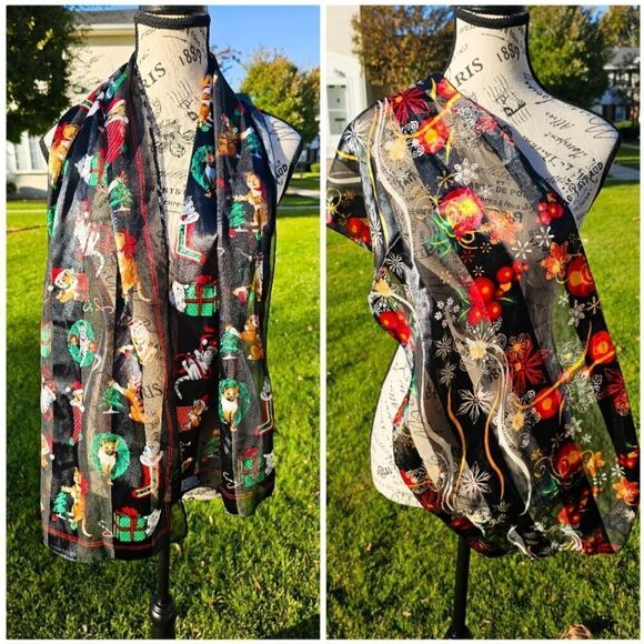 VTG Set Of 2 Festive Cats Ornament Print Oblong Holiday Theme Scarves. - Picture 4 of 15